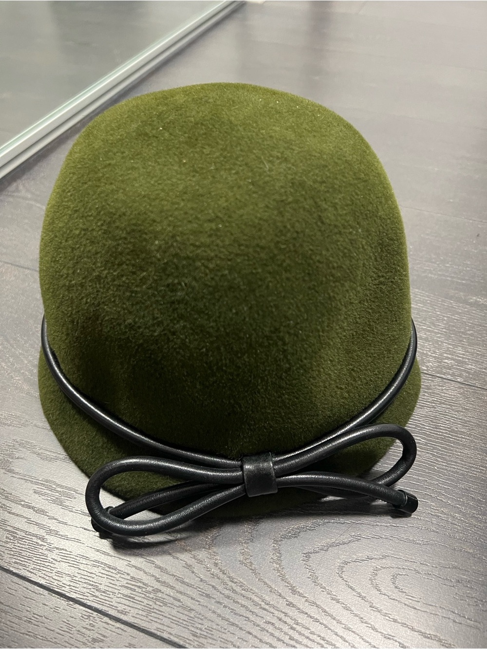 Burberry Olive Green Wool Cloche Hat with Black Bow Trim